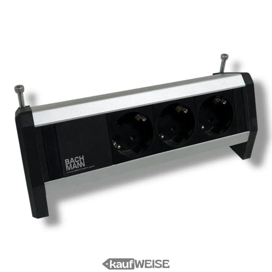 Schwarze und silberne 3-fach Tischsteckdose von BACHMANN DESK mit Halterung