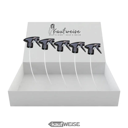 Fünf schwarze Sprühköpfe mit weißen Schläuchen in einer weißen Box für vielseitigen Einsatz