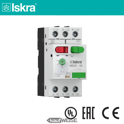 Iskra MS32-32 Motorschutzschalter, 25-32 A, 3-polig, weiß-grün mit rotem Knopf