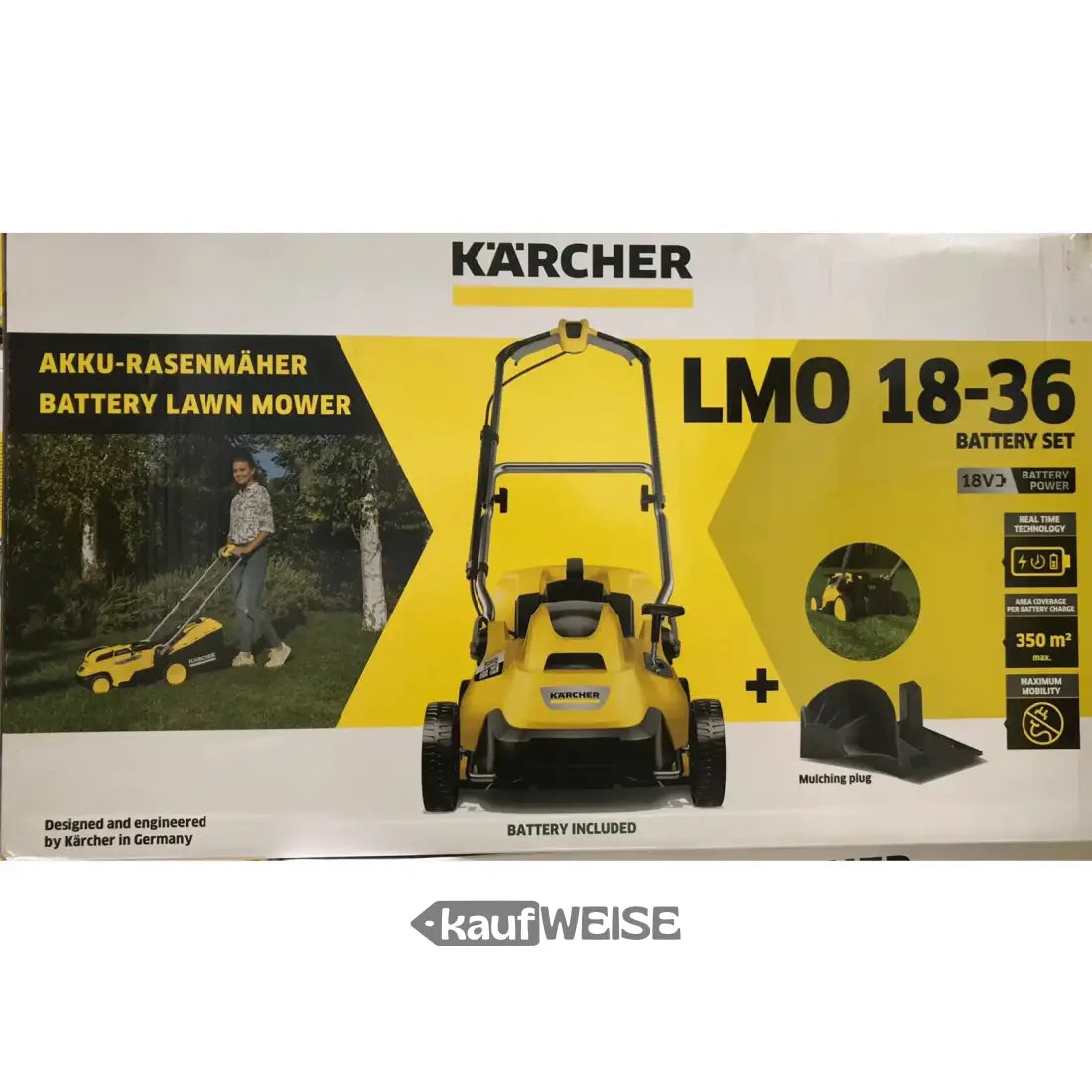 Kärcher Akku-Rasenmäher LMO 18-36 mit Mulchstecker und 18V Akku im Garten Einsatz