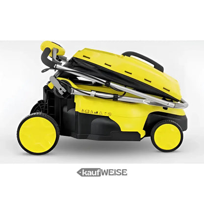 Faltbarer gelb-schwarzer Rasenmäher mit großen Rädern für den Kärcher Akku-Rasenmäher LMO 18-36