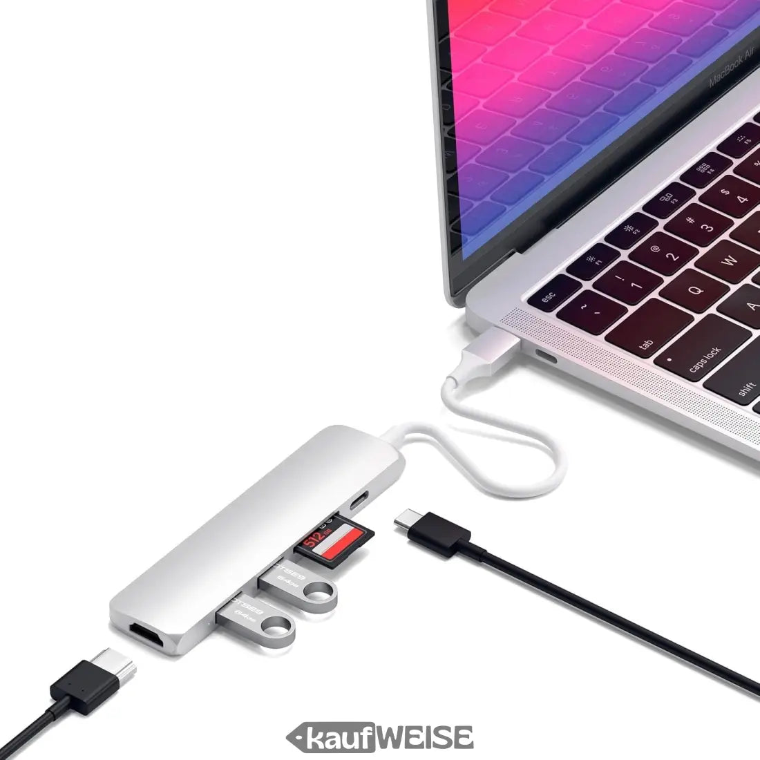 Silberner Satechi V2 Slim USB-C Multiport Adapter mit HDMI, PD, Kartenleser für MacBook